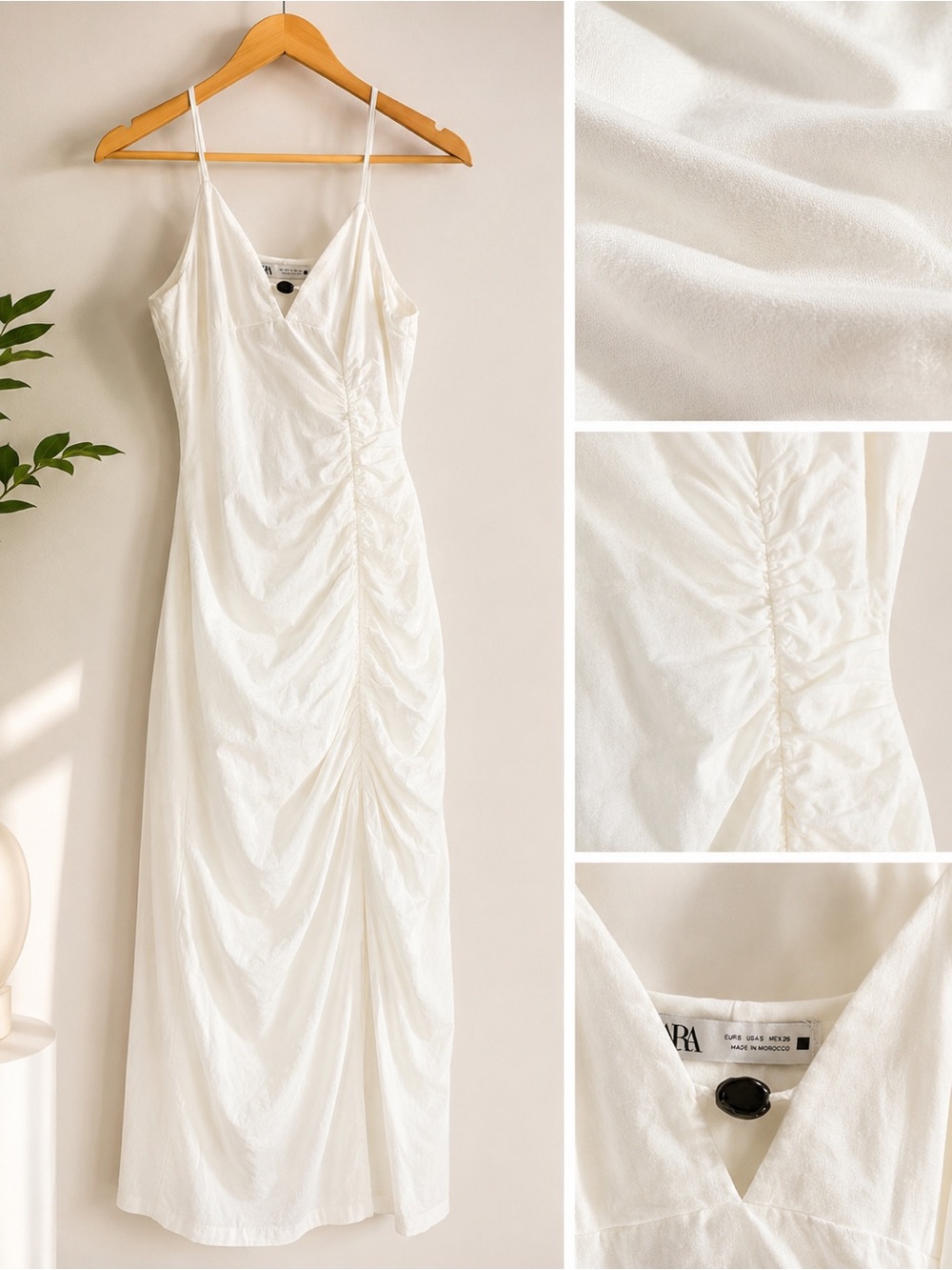 Zara Cream Ruched V‑Neck Midi Slip Dress